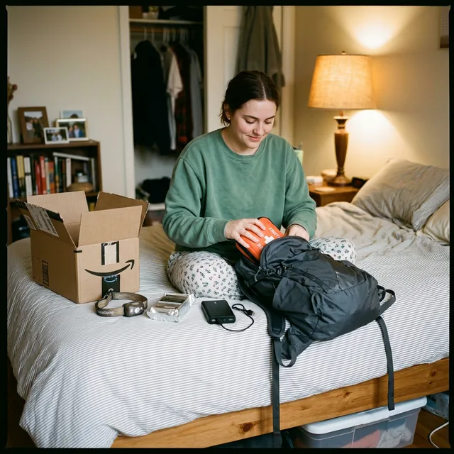 Woman building a go-bag from Amazon delivery on her bed